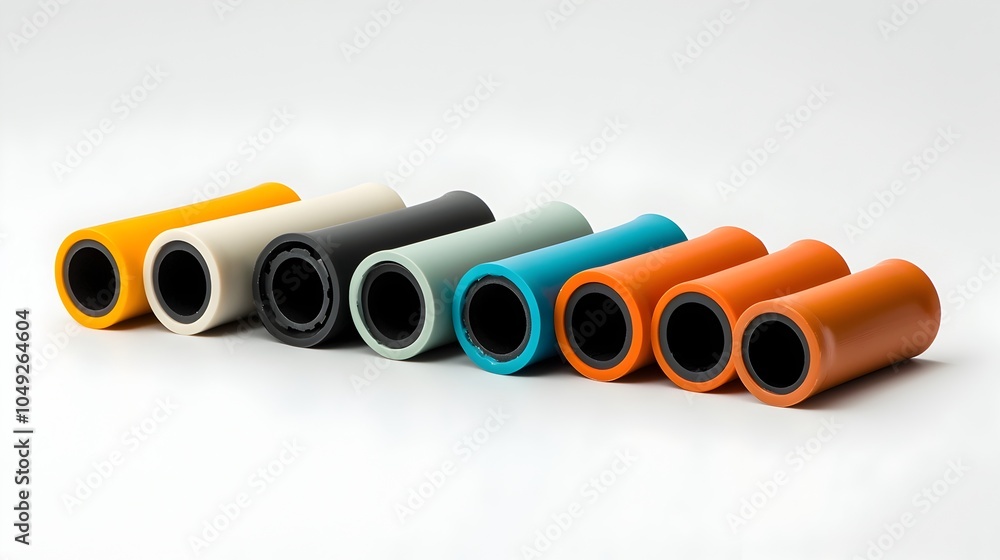 Poster vibrant rows of pvc pipes in different colors and diameters arranged in a minimalist geometric compo
