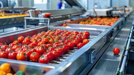 Tomatoes Moving Along a Conveyor Belt in a Food Processing Plant