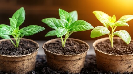 Young Green Plants Growing in EcoFriendly Biodegradable Pots : Generative AI