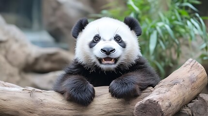 Obraz premium Young Panda Resting on a Tree Trunk in a Natural Forest Environment : Generative AI