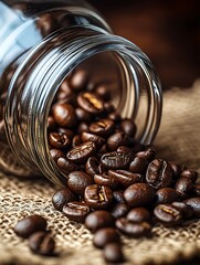 Rustic Glass Jar with Roasted Coffee Beans on Burlap Sack for Cafes : Generative AI