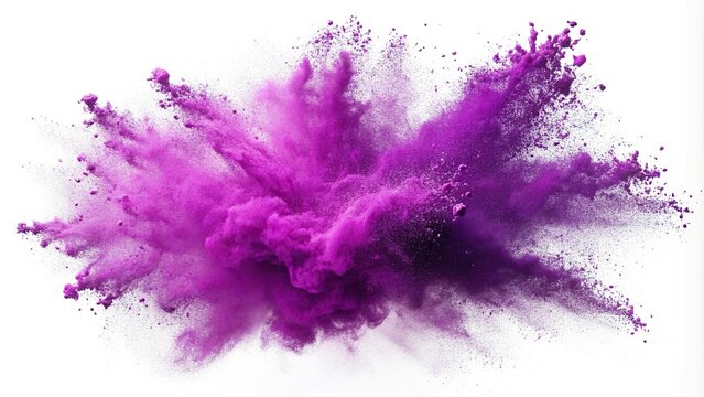 Dynamic explosion of purple chalk dust isolated on white background
