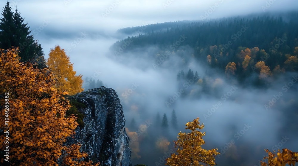 Poster majestic autumn forest with colorful trees and heavy mist : generative ai