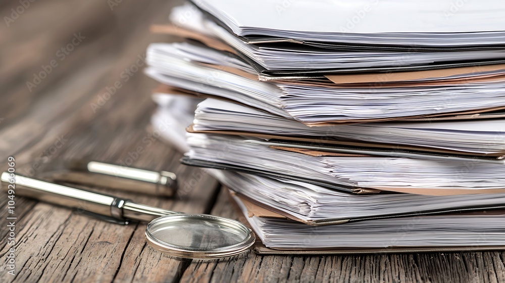 Aufkleber stack of documents on wooden surface with magnifying glass for scrutiny and analysis : generative ai