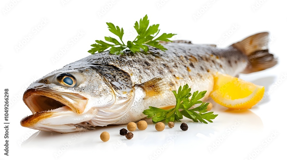 Poster whole fresh haddock fish with a soft natural reflection displayed on a clean white background showca