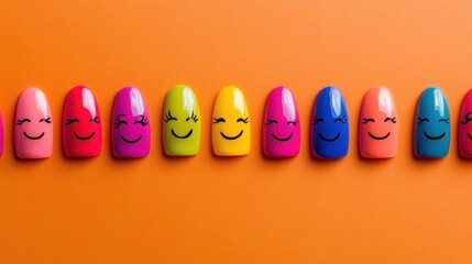A row of ten colorful fake nails with smiley faces painted on them, arranged on an orange background.