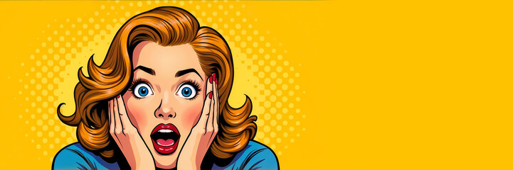 A pop art style illustration of a blonde woman, hands on her face, scared, and a vibrant yellow background. With retro aesthetics and bright colors. Comics culture vintage art. Copy space.
