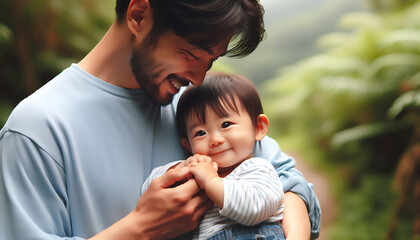 Fototapeta premium A joyful family moment in the park with a parent and child enjoying their time together