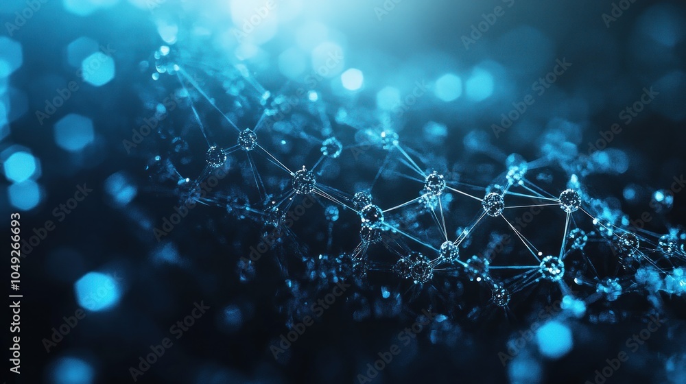 Poster abstract representation of molecular structures with a blue glow, symbolizing science and technology