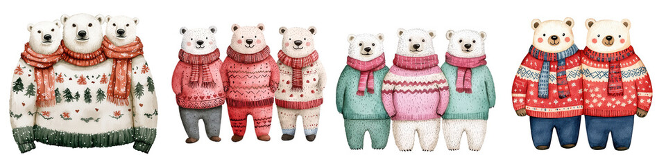 Cute polar bears in festive sweaters, white isolate background
