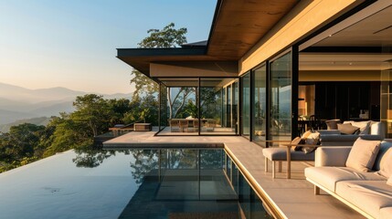 Fototapeta premium Modern Villa with Infinity Pool Overlooking Mountain Range