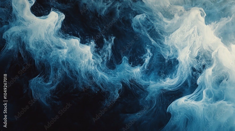 Poster abstract swirling smoke in shades of blue and white, creating a dynamic visual effect.