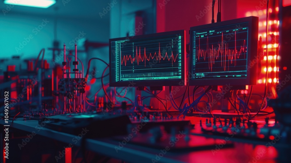 Aufkleber two computer monitors display graphs in a dark lab with red and blue lighting.