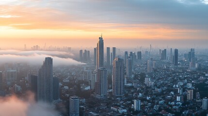 Naklejka premium Panoramic aerial view of city skyline at sunrise amidst morning mist and fog : Generative AI