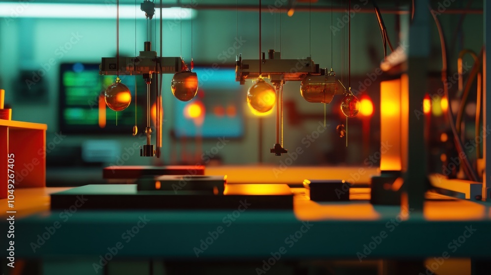 Poster a close-up of a laboratory table with various scientific equipment, including pendulums and a comput
