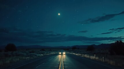 A dimly lit road stretches into the night under a starry sky with a distant vehicle's headlights.