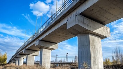 Elevated Concrete Bridge Overpass Against Bright Blue Sky Scenic View : Generative AI