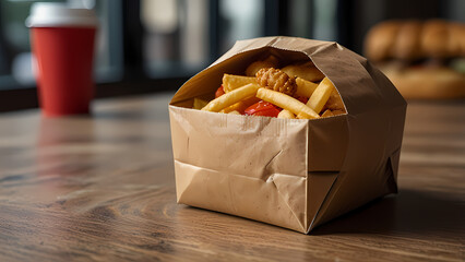 Fototapeta premium Fast Food Package On Wood Table