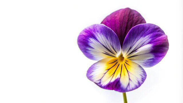 Extreme close-up of a viola cornuta flower on white background