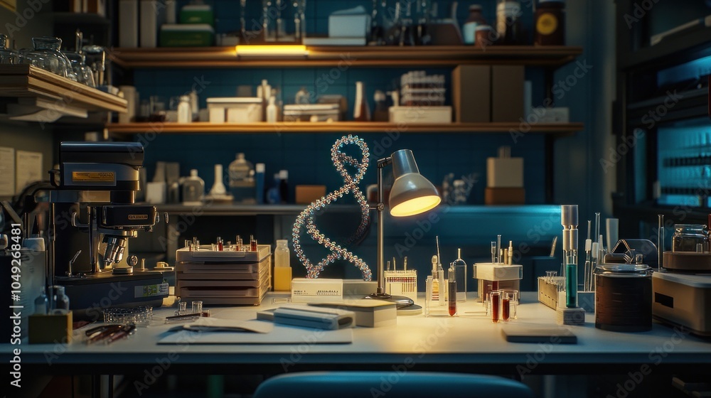 Poster a well-equipped laboratory workspace with a desk lamp illuminating the surface. a model of dna is vi