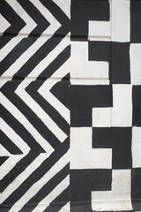 Street wall with different geometric designs. Wall decorations. Minimalist black and white...