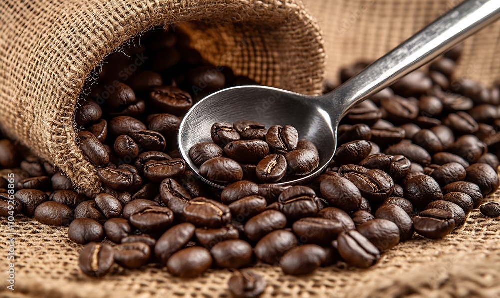 Poster rustic burlap sack with freshly roasted coffee beans and scoop in cozy setting : generative ai