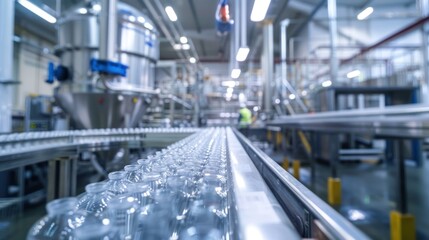 Fototapeta premium Plastic Bottles Moving Along a Conveyor Belt in a Factory Setting