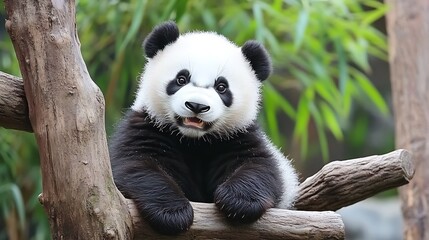Obraz premium Curious Giant Panda Cub on a Tree Branch in a Natural Forest Setting : Generative AI