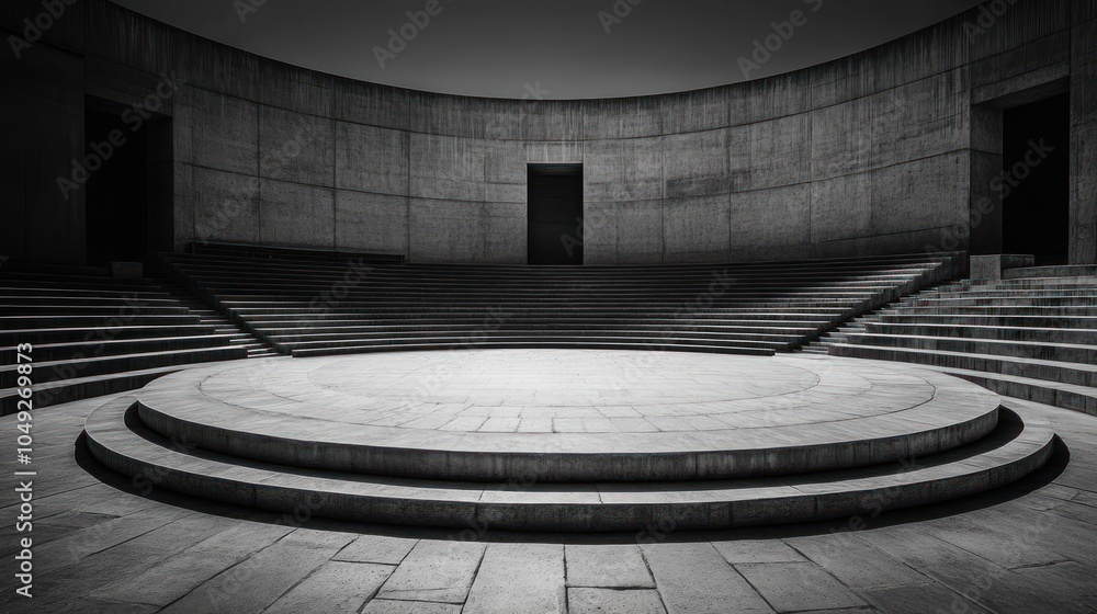 Poster a circular stage with steps, set in a minimalist architectural space.