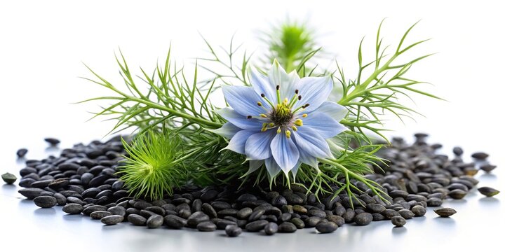 forced perspective of black cumin seed and nigella sativa flower on white backdrop