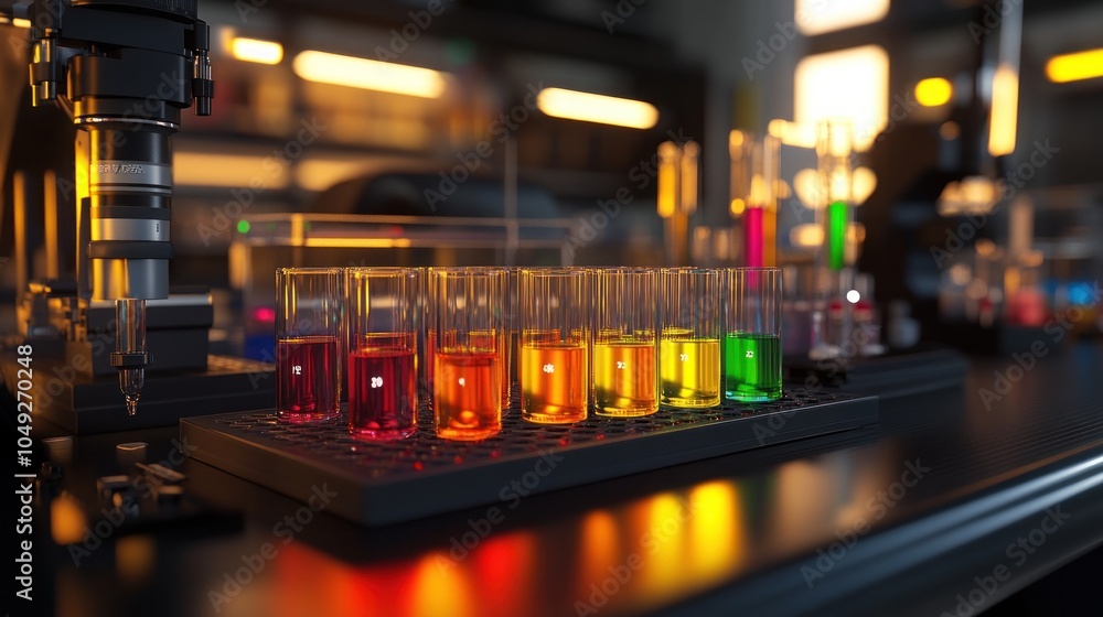 Aufkleber colorful liquids in test tubes on a lab table with a microscope in the background.