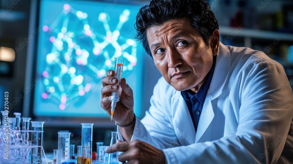 Poster a male scientist in a lab coat looks intently at the camera while holding a pipette, with various la