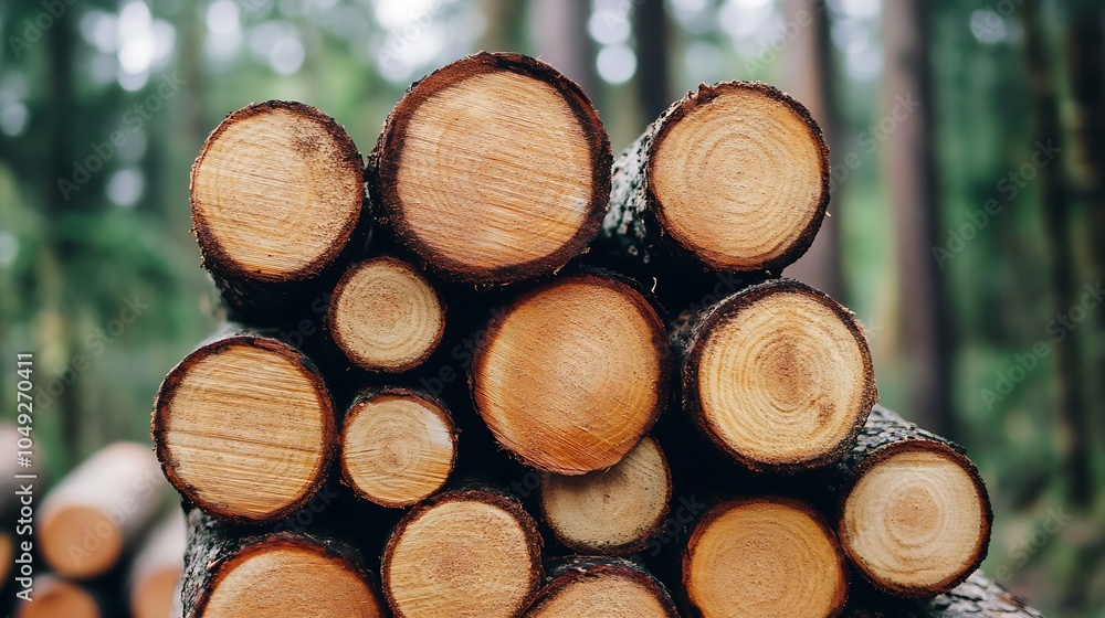 Poster stack of freshly cut timber logs in lush forest environmental and commercial use : generative ai