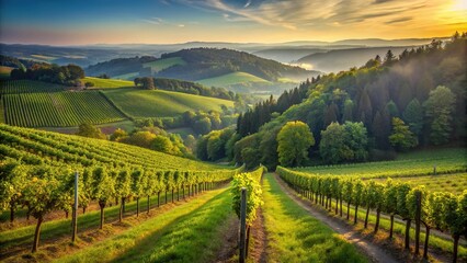 Forced perspective vineyard overlooking valley and forest