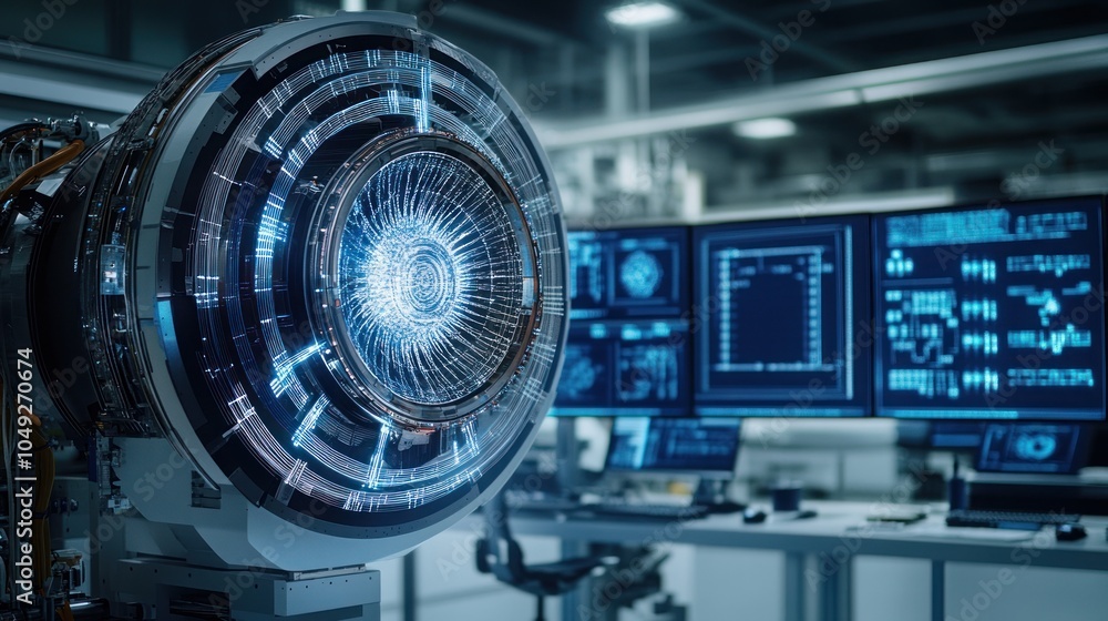 Poster a futuristic jet engine with glowing blue lines and holographic display in a high-tech laboratory se