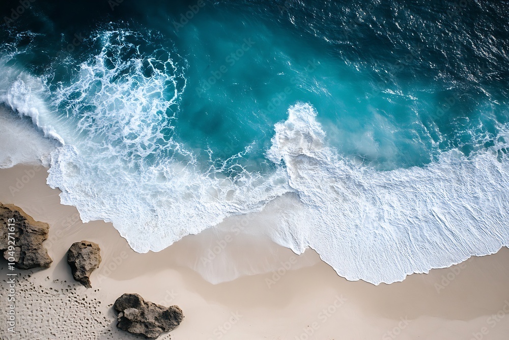 Aufkleber overhead view of turquoise ocean waves crashing on sandy shore : generative ai