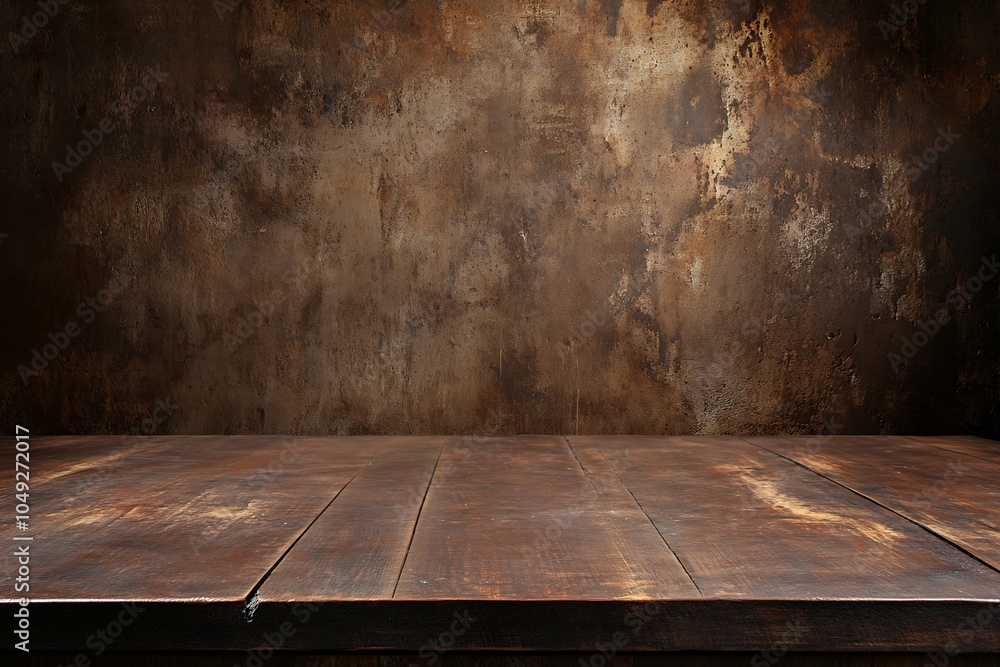 Poster dark rustic wooden table against vintage wall ideal for rustic decor and product display : generativ