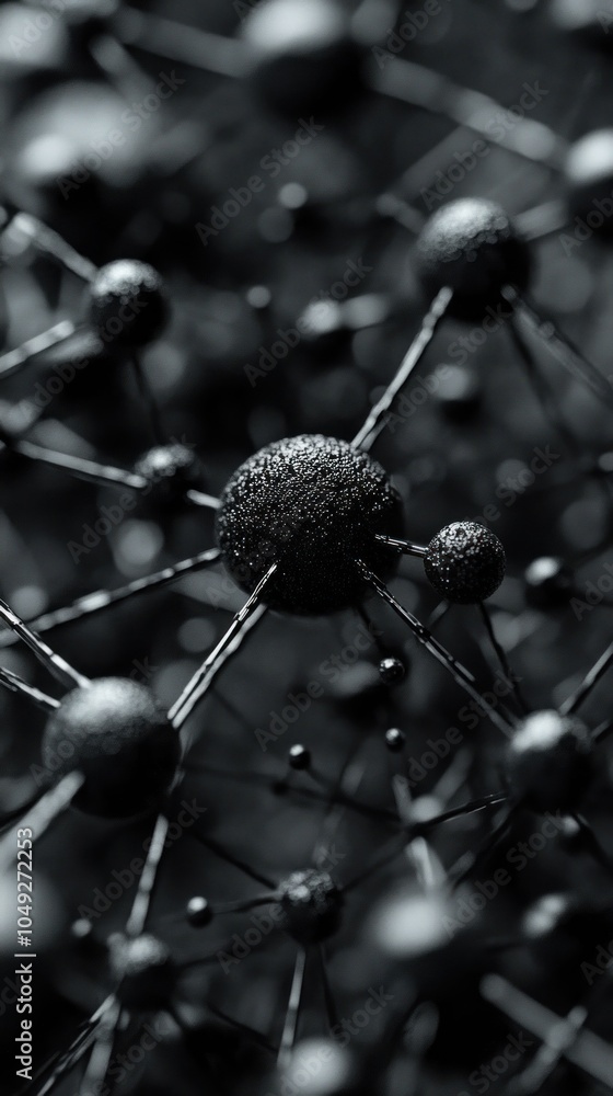 Poster abstract representation of molecular structures in black and white.