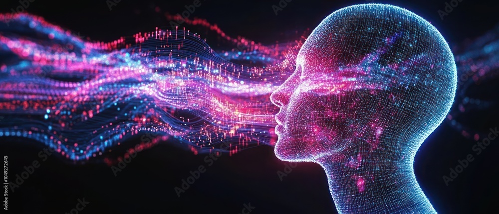 Poster a digital representation of a human head with flowing data streams, symbolizing thought and technolo