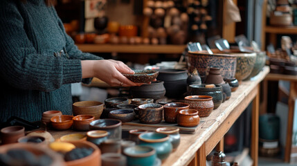 Person arranging handmade products on display table in small shop
