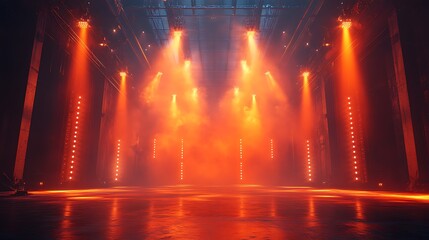 Fototapeta premium A colorful concert stage and beautiful stage floor with intense orange light spotlights lighting the floor picture