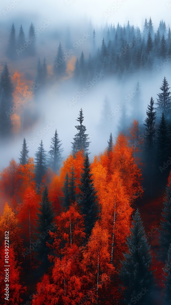 Poster misty forest landscape with vibrant autumn foliage and evergreen trees in fog : generative ai