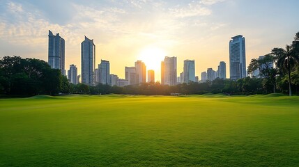 Obraz premium Serene Urban Park at Sunrise with Modern City Skyline as Scenic Backdrop : Generative AI