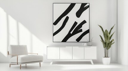 White Room Interior with Black and White Abstract Art, White Cabinet, Armchair, and Plant