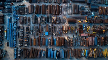 Aerial View of Industrial Steel Pipes and Machinery in Outdoor Storage Yard : Generative AI