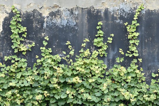 Lush Green Vine Climbing Concrete Wall with Texture and Contrast : Generative AI - Powered by Adobe
