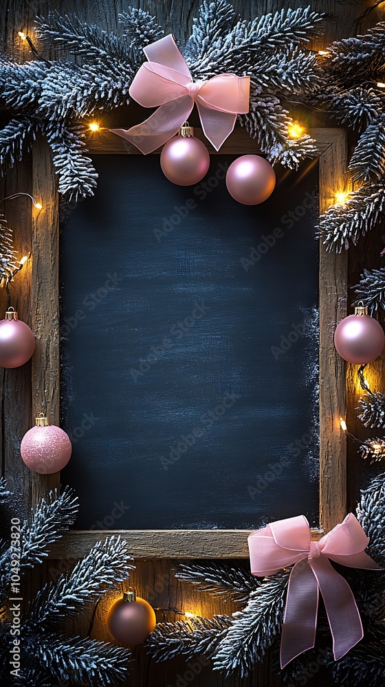 Aufkleber Vintage Christmas Holiday Frame with Pink Ornaments and Frosted Fir on Rustic Background : Generative AI