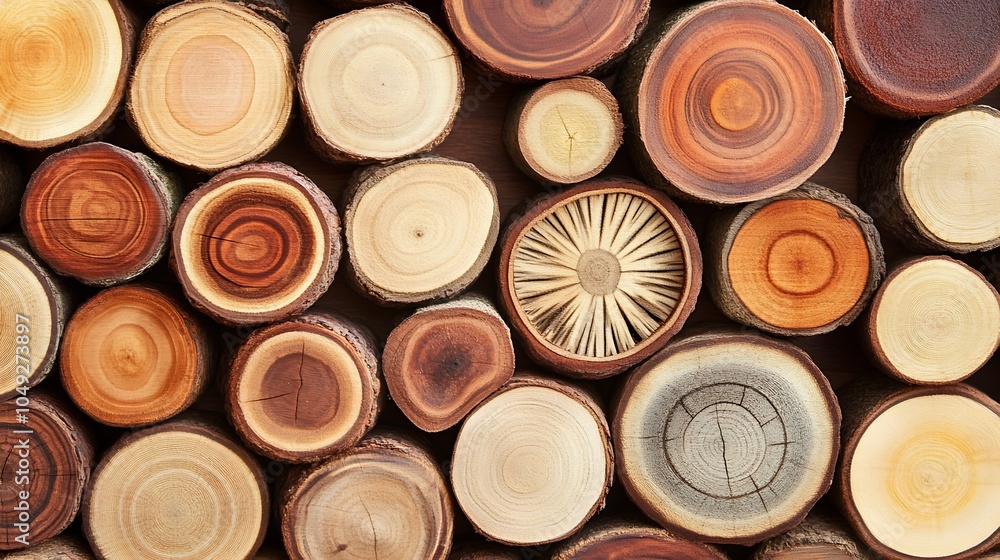 Poster Assorted Natural Wooden Log Slices Showcasing Diverse Tree Ring Patterns and Textures : Generative AI