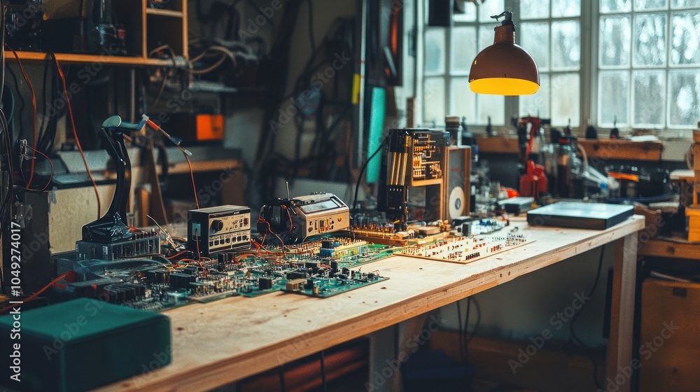 Poster a cluttered workbench in a workshop with electronic components, tools, and a lamp illuminating the w