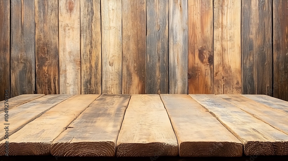 Poster Rustic Wooden Table with Weathered Planks and Autumn Palette Inspired Background : Generative AI